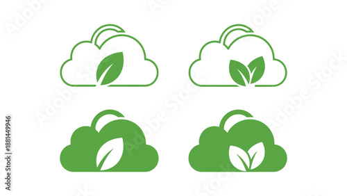 Green cloud icons with leaves represent environmental technology or cloud computing services.