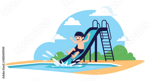 Excited boy with his arms raised slides down a blue water slide into a swimming pool on a bright sunny day with white clouds in sky.