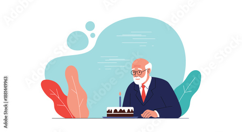 Elderly man with a white beard sits alone at a table with a small chocolate birthday cake and a single lit blue candle in front of him.