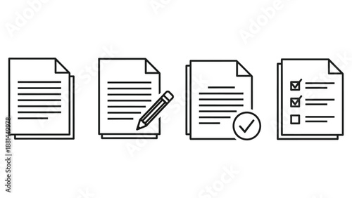 A set of four icons representing document processes like writing and checking.