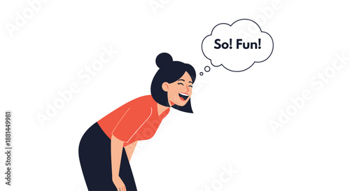Happy woman in a red shirt laughs with her eyes closed while a thought bubble with the words so fun floats near her head on white.