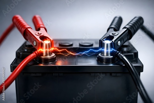 Automotive Battery with Active Electrical Current Between Jumper Cables for Emergency Power Concept