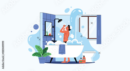 Man takes a refreshing shower in a modern bathroom with a bathtub and potted plants while blue water splashes around him in the air.