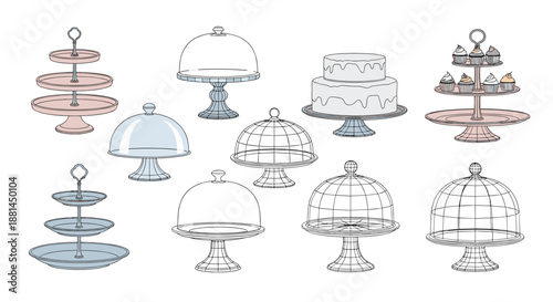 Large collection of different styles of cupcake stands, cake domes, and a tiered wedding cake on display stands.