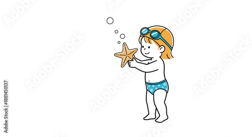Young child wearing goggles and swim trunks standing alone and curiously holding a starfish at the beach.