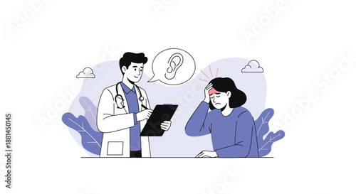 Male doctor in a white coat taking notes while a female patient in a blue shirt holds her head in pain.