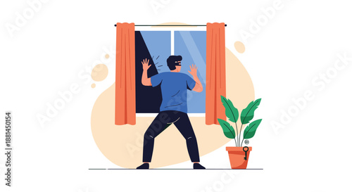 Man wearing a mask and dark clothing looking through a glass window with curtains at night from the outside.