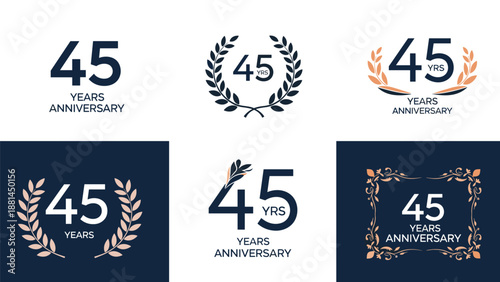 Selection of six different logo designs for a forty five years anniversary featuring laurel wreaths and elegant frames.