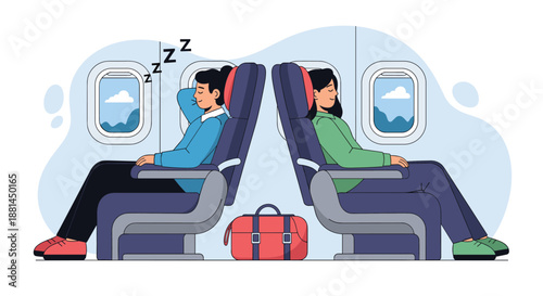 Two female passengers sitting in airplane seats with one sleeping and a red bag placed on the floor between them.