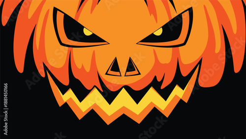 Menacing close up illustration of a glowing orange jack-o-lantern face with sharp teeth and angry eyes for spooky Halloween themed designs.