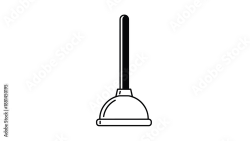 Minimalist black and white line art illustration of a classic toilet plunger tool for plumbing maintenance and household repair concepts.