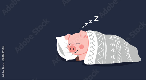 Adorable little pink pig sleeping peacefully in a white bed under a patterned grey blanket with Z symbols indicating deep slumber.
