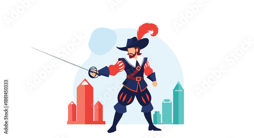 Brave musketeer in a historical blue and red uniform holding a long rapier sword with abstract cityscape and cloud shapes behind him.