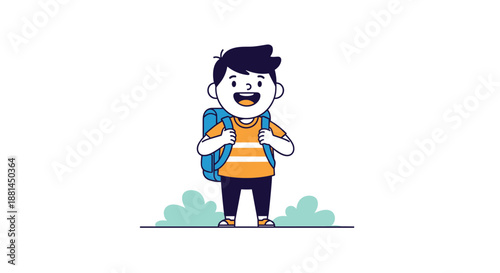 Happy little boy with a bright smile wearing an orange striped shirt and a blue backpack standing ready for his first day of school.