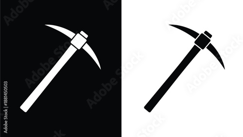 A pickaxe is shown in black and white against contrasting backgrounds.