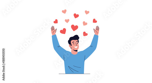 Happy young man with his arms raised in celebration as many red hearts float above his head to express love and positive emotions.
