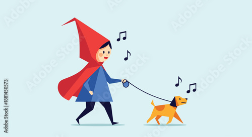 Little girl wearing a red hood walks her happy dog while musical notes float in the air, showing a cheerful scene of pet care and companionship.