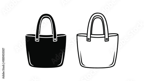 Two tote bags, one black and one white, are displayed side by side.