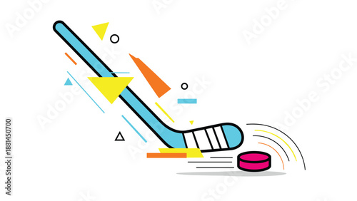 Ice hockey stick and puck illustration with abstract geometric shapes and motion lines in vibrant modern flat style.