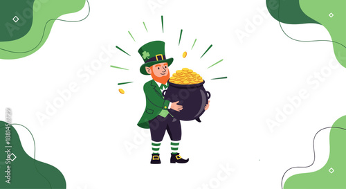 Jolly leprechaun wearing a green suit and hat holds a large black pot filled to the brim with gold coins, celebrating Saint Patricks Day traditions.