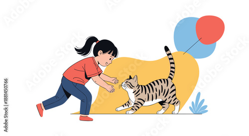 Young girl with a ponytail playfully tries to catch a striped tabby cat in a sunny outdoor setting with colorful abstract shapes and bright balloons.