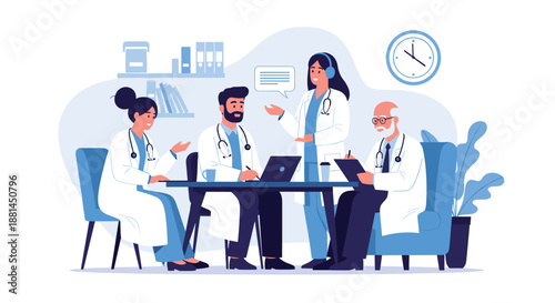 Professional medical team in white coats gathers around a table with a laptop and documents to discuss patient cases during a clinical meeting session.