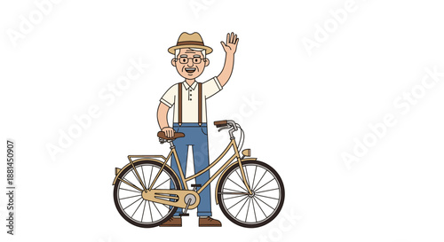 Cheerful elderly man wearing a hat and suspenders waves happily while standing next to his vintage city bicycle, promoting active aging lifestyle.