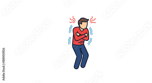 Person wrapped in a red sweater shivers with wavy lines and red marks, depicting symptoms of a high fever, chills, or extreme cold weather conditions.