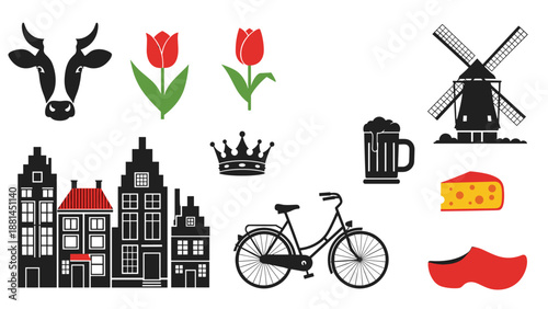 Set of traditional Dutch icons including cow tulip windmill canal houses bicycle cheese and wooden shoe in flat style.