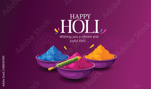 Happy Holi Festival Of Colors. Illustration Of Colorful Gulal For  Holi festival illustration featuring bowls of colored powder, splashes of vibrant hues, a distant skyline, and joyful silhouette
