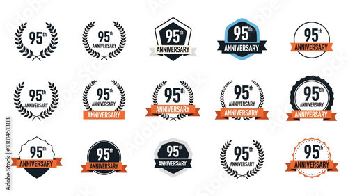 Variety of ninety fifth anniversary labels and emblems with wreaths shields ribbons and circles in black and orange.