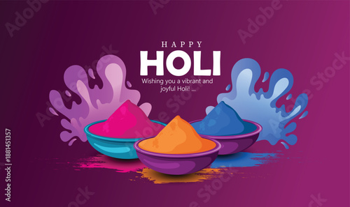 Happy Holi Festival Of Colors. Illustration Of Colorful Gulal For  Holi festival illustration featuring bowls of colored powder, splashes of vibrant hues, a distant skyline, and joyful silhouette