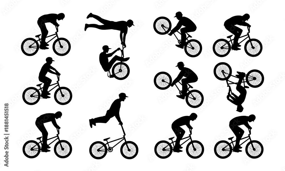 Fototapeta premium BMX silhouette stunt collection featuring freestyle riders performing tricks jumps wheelies isolated vector illustration set pack design elements