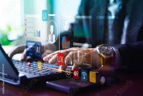 Slika na platnu UI UX Design and AI Analytics Dashboard Concept on Laptop Keyboard