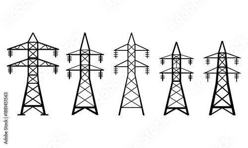 Electric power transmission tower silhouette collection isolated vector illustration set for energy infrastructure engineering design projects usage assets