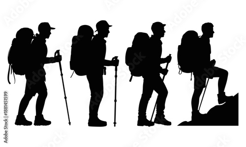 Hiker backpacker silhouettes trekking mountain adventure, hiking traveler outdoor exploration vector illustration isolated set for tourism travel design