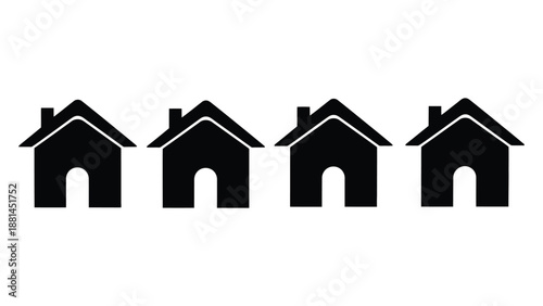 Four simple black house icons are aligned in a row against a white background.