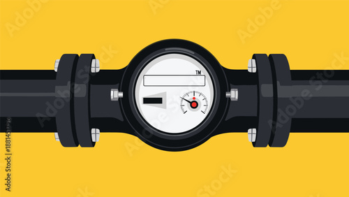Close up of an industrial water or gas meter connected to a black pipe system on a bright yellow background for utility.