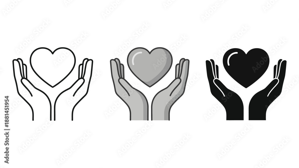 Fototapeta premium Three stylized hands holding hearts in different illustration styles.