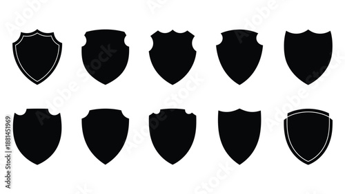 Ten different shield silhouettes displayed against a white background.
