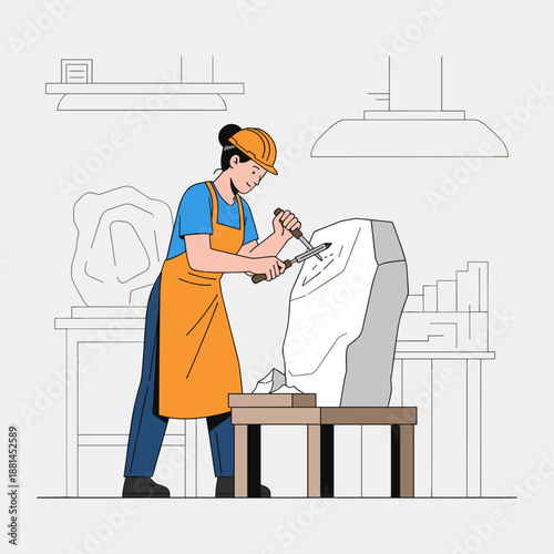 Female sculptor carving stone artwork in creative workshop illustration