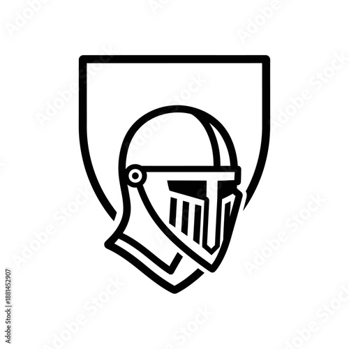 Black and White Knight Helmet and Shield Vector Logo Emblem. Minimalist Medieval Icon of Protection and Strength.