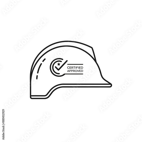 Safety Hard Hat Certified Approved Line Icon. Minimalist Construction Helmet Vector Outline with Checkmark Stamp for Quality Assurance.