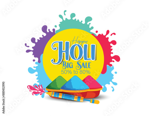 Holi festival scene featuring bowls of colored powder in pink, blue, and purple with watercolor accents. Joyful, energetic mood perfect for celebrations, color, unity, and cultural tradition imagery.