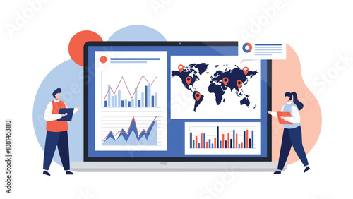 Business professionals analyzing global data and charts on a large laptop screen with a world map background.