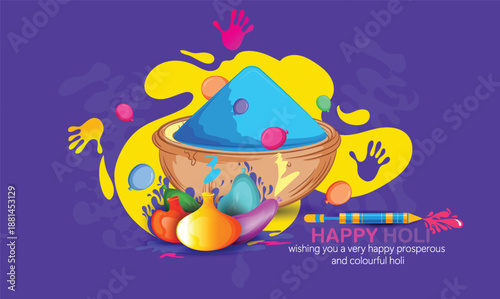 Holi festival scene featuring bowls of colored powder in pink, blue, and purple with watercolor accents. Joyful, energetic mood perfect for celebrations, color, unity, and cultural tradition imagery.