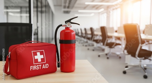 Workplace safety equipment including a first aid kit and fire extinguisher displayed in a modern office environment.