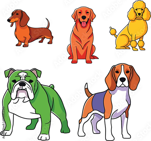 A set of cartoon illustrations featuring six popular dog breeds on a white background