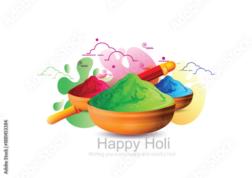 Holi festival scene featuring bowls of colored powder in pink, blue, and purple with watercolor accents. Joyful, energetic mood perfect for celebrations, color, unity, and cultural tradition imagery.