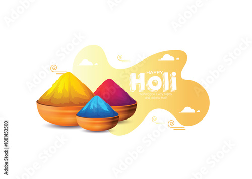 Holi festival scene featuring bowls of colored powder in pink, blue, and purple with watercolor accents. Joyful, energetic mood perfect for celebrations, color, unity, and cultural tradition imagery.